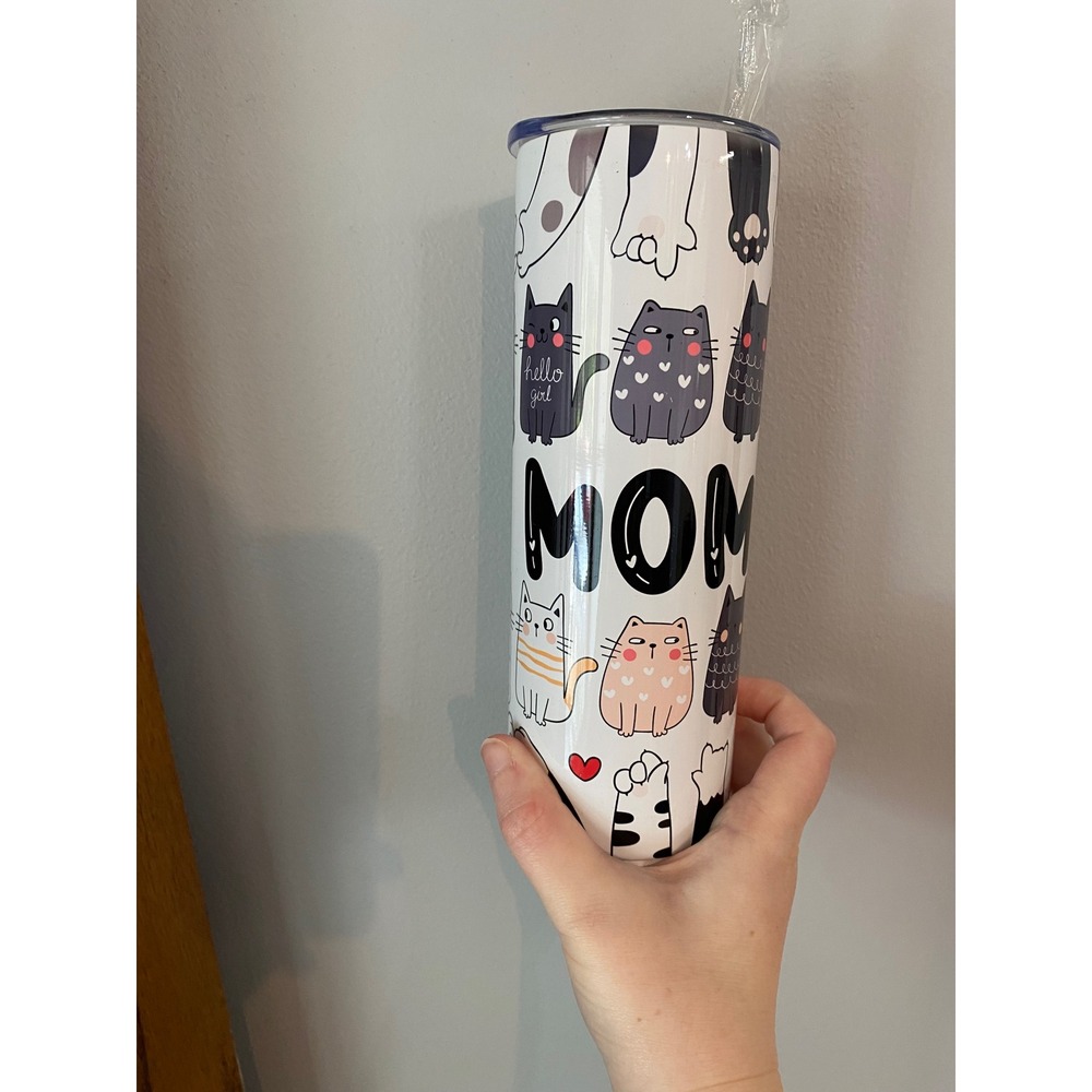 Cat Mom Insulated Skinny Tumbler Womens OS White Multicolor Kitten Paw Print Cup - Picture 2 of 5
